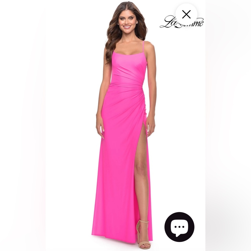 NWT La Femme Side-Slit Backless Long Dress Neon Pink Size 4‎ $278